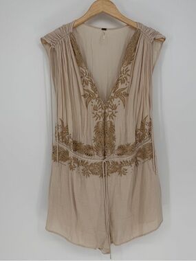 Free People Tan Embroidered Romper M Boho Ethereal Festival Whimsy Modal Coverup